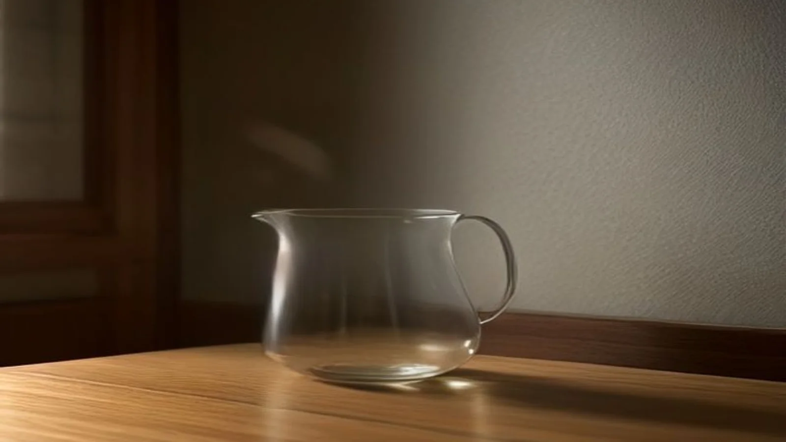 木のテーブルに置かれた、中身がほとんど残っていないガラスのピッチャー